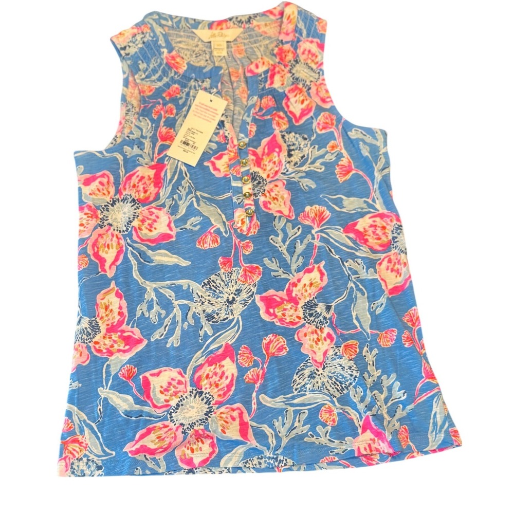 NWT Lilly Pulitzer Essie Top Bahamian Rhapsody Blue Floral Cotton Tank Size XS